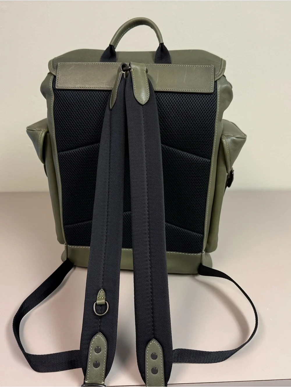 Coach Olive Green Leather Men's Backpack with Buckle Flap